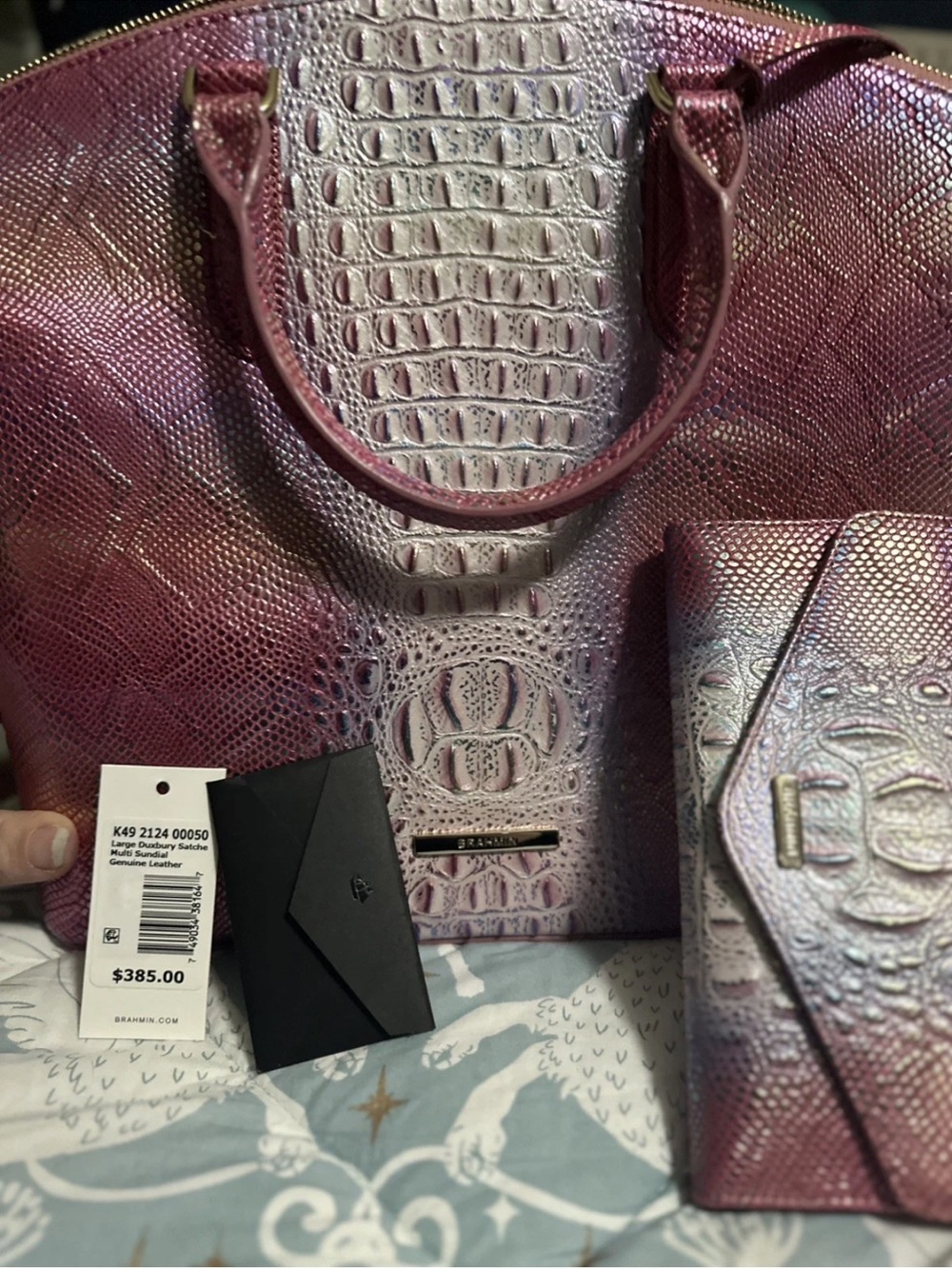 Brahmin Iridescent Pink Croc-Embossed Tote with Matching Wallet
